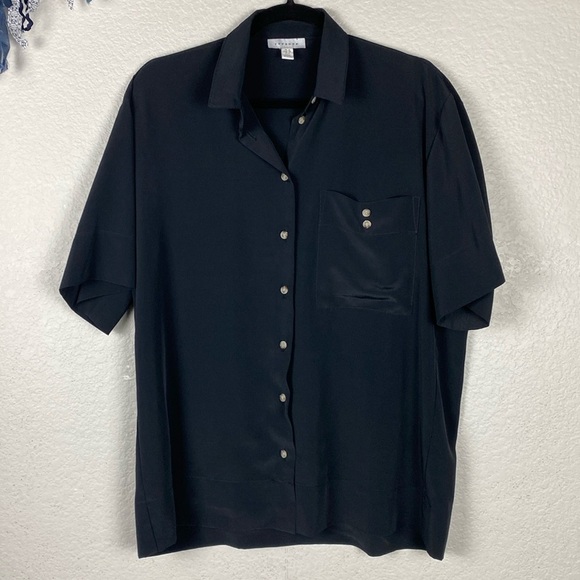 TOPSHOP oversized black sateen button front short sleeve blouse - Picture 2 of 6